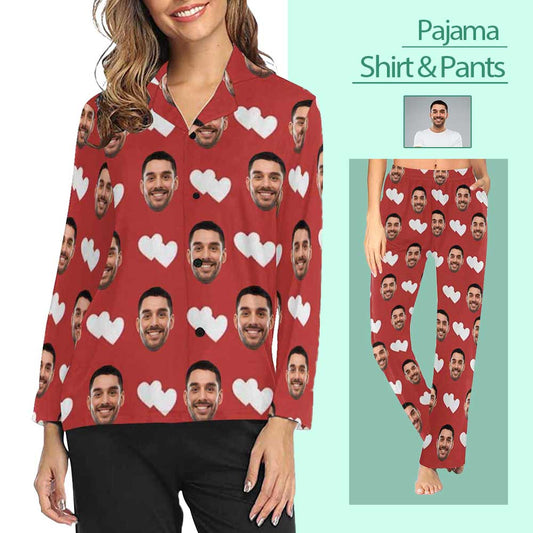 Custom Boyfriend Face Heart To Heart Women's Long Pajama Shirt&Pants