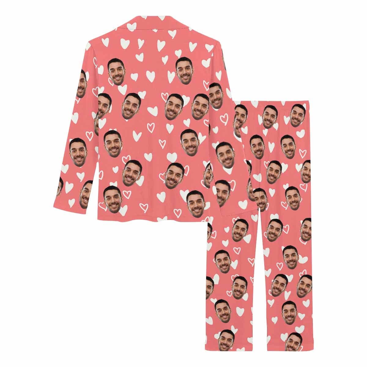 Custom Boyfriend Face Pajamas Pink Heart Sleepwear Personalized Women's Long Pajama Set