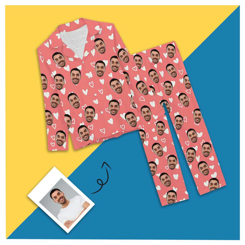 Custom Boyfriend Face Pink Heart Personalized Women's Long Pajama Set