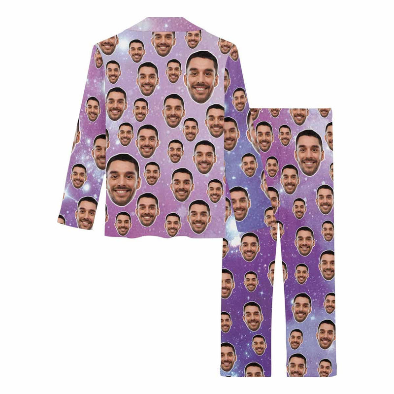 Custom Boyfriend Face Pajamas Purple Starry Sky Sleepwear Personalized Women's Slumber Party Long Pajama Set