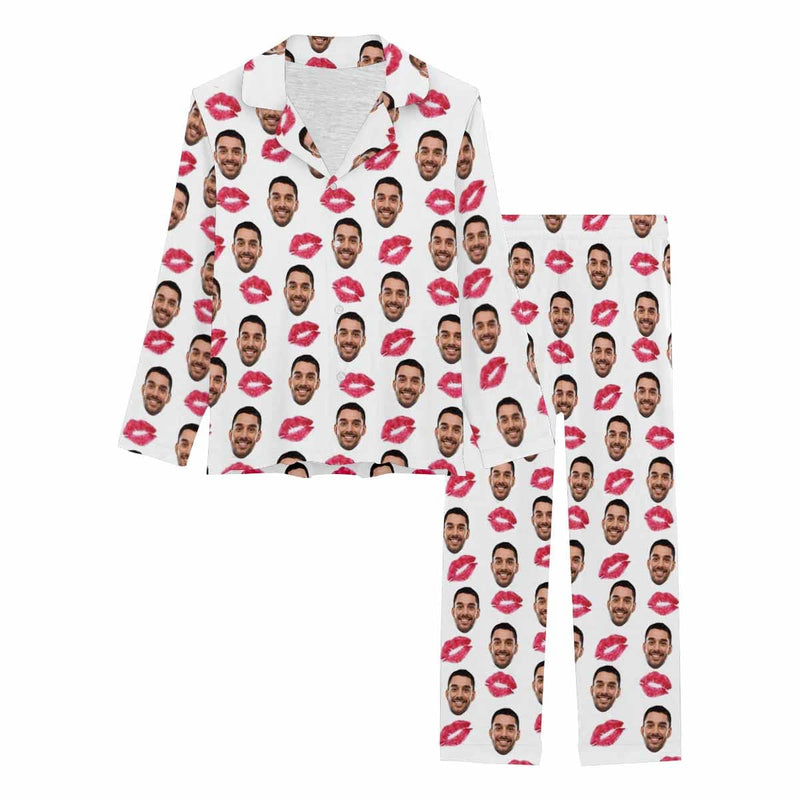 Custom Boyfriend Face Pajamas Red Lips Sleepwear Personalized Women's Long Pajama Set