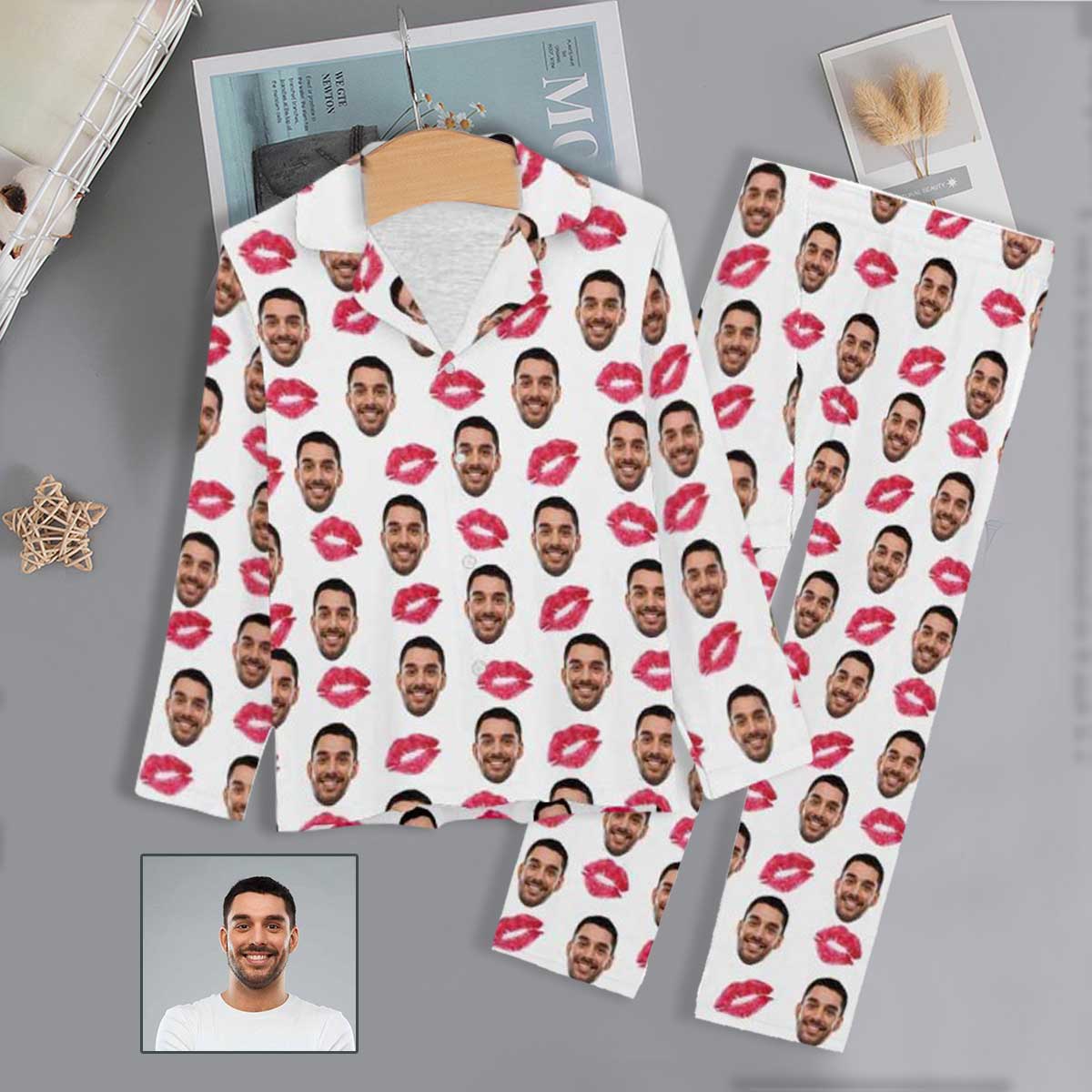 Custom Boyfriend Face Red Lips Personalized Long Pajama Set For Women