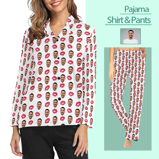 Custom Long Pajama Shirt&Pants With Boyfriend Face Red Lips For Women