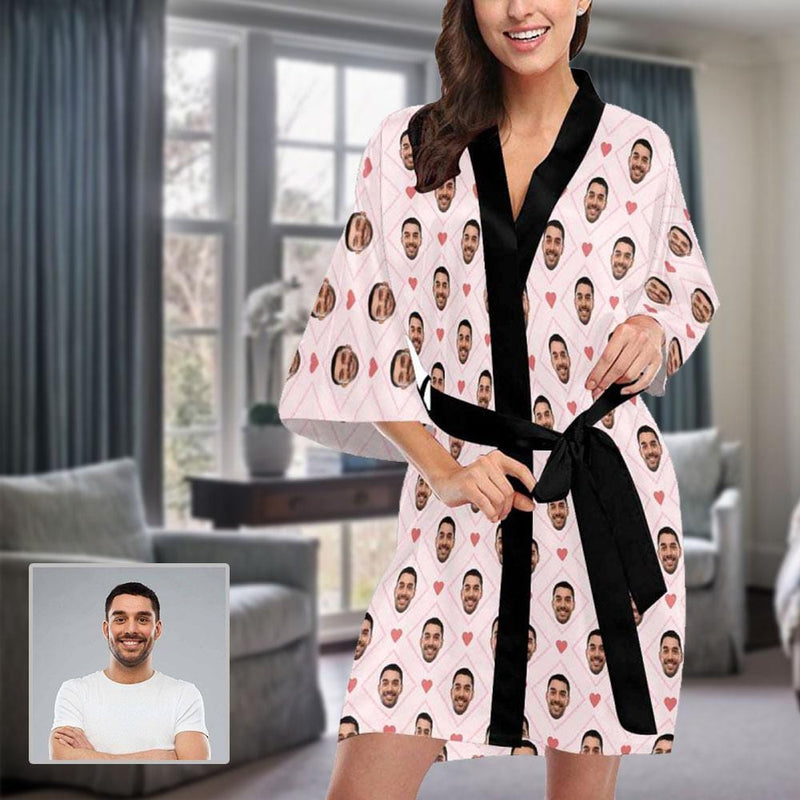Custom Boyfriend Face Rhombus Short Pajamas Kimono Robe For Women