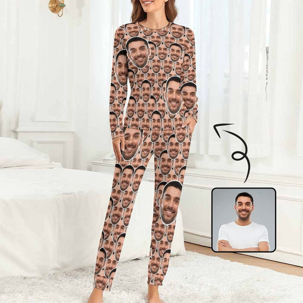 Custom Face Seamless Personalized Crewneck Long Pajamas Set For Women