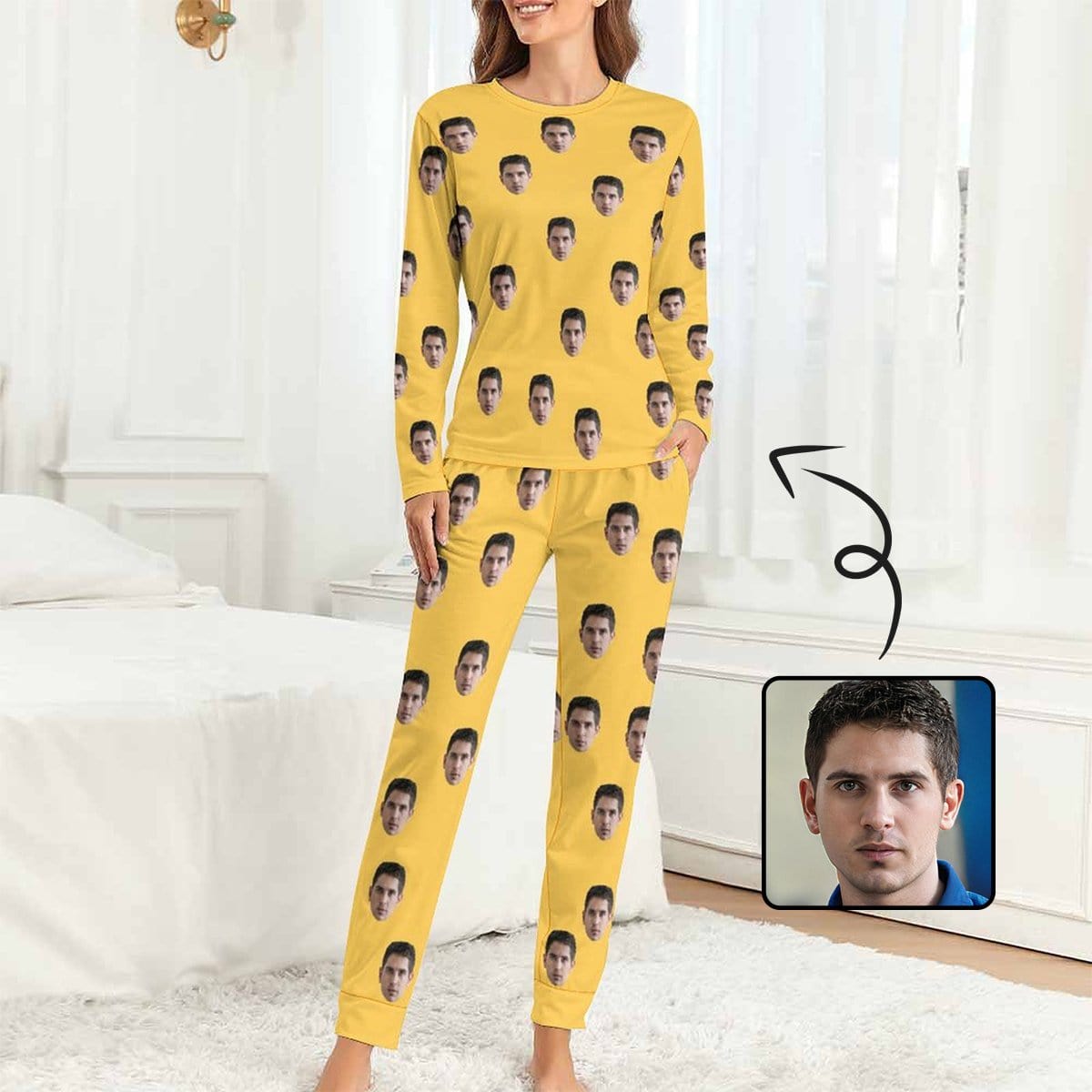 Custom Boyfriend Face Simple Sleepwear Personalized Women's Slumber Party Crewneck Long Pajamas Set