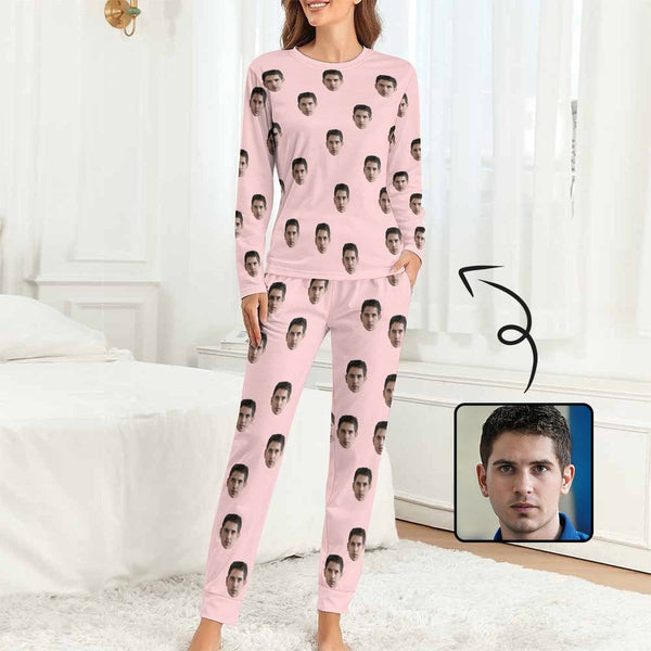 Custom Boyfriend Face Simple Crewneck Long Pajamas Set For Women