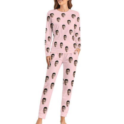 Custom Boyfriend Face Simple Sleepwear Personalized Women's Slumber Party Crewneck Long Pajamas Set