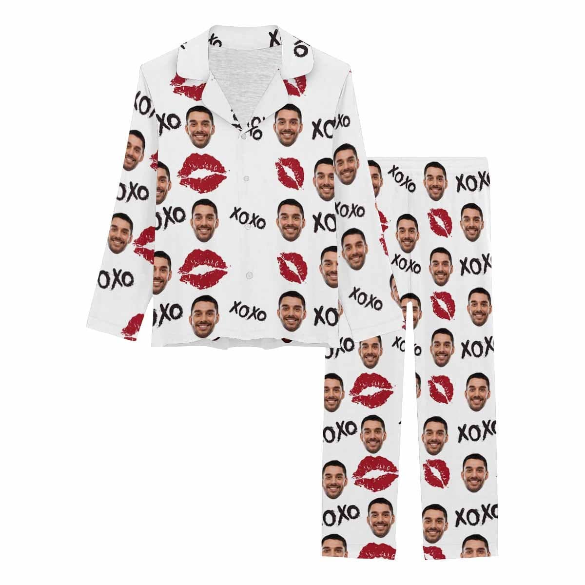 Custom Boyfriend Face XOXO Red Lips Nightwear Personalized Women's Slumber Party Long Pajama Set