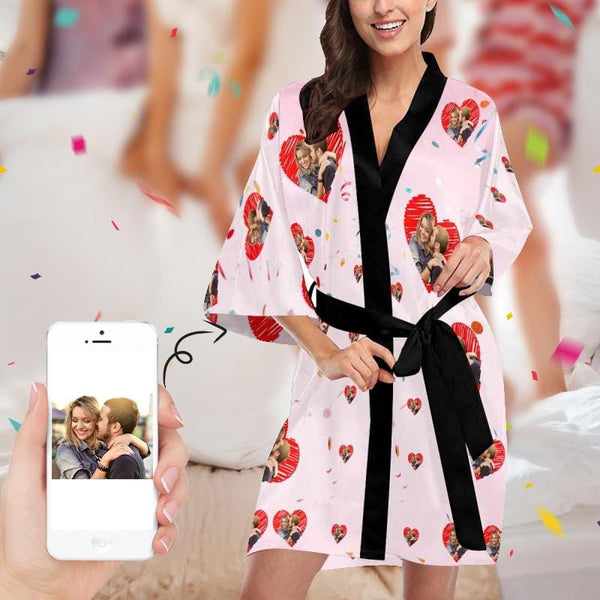Custom Women's Short Pajamas Kimono Robe With Couple Face Love Heart