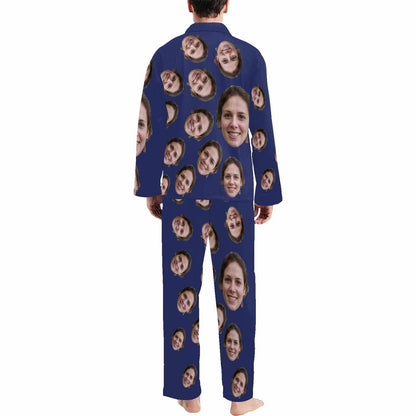 Custom Face Black & Blue & Red Persoanlized Sleepwear Men's Long Pajama Set