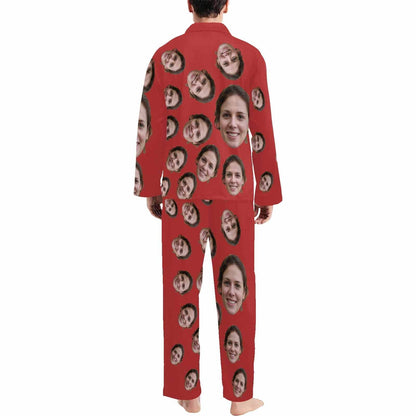 Custom Face Black & Blue & Red Persoanlized Sleepwear Men's Long Pajama Set