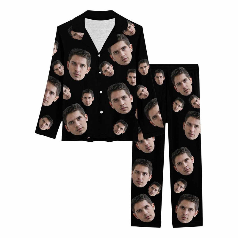 Custom Face Boy/Girlfriend Black Background Sleepwear Personalized Women's Slumber Party Long Pajama Set