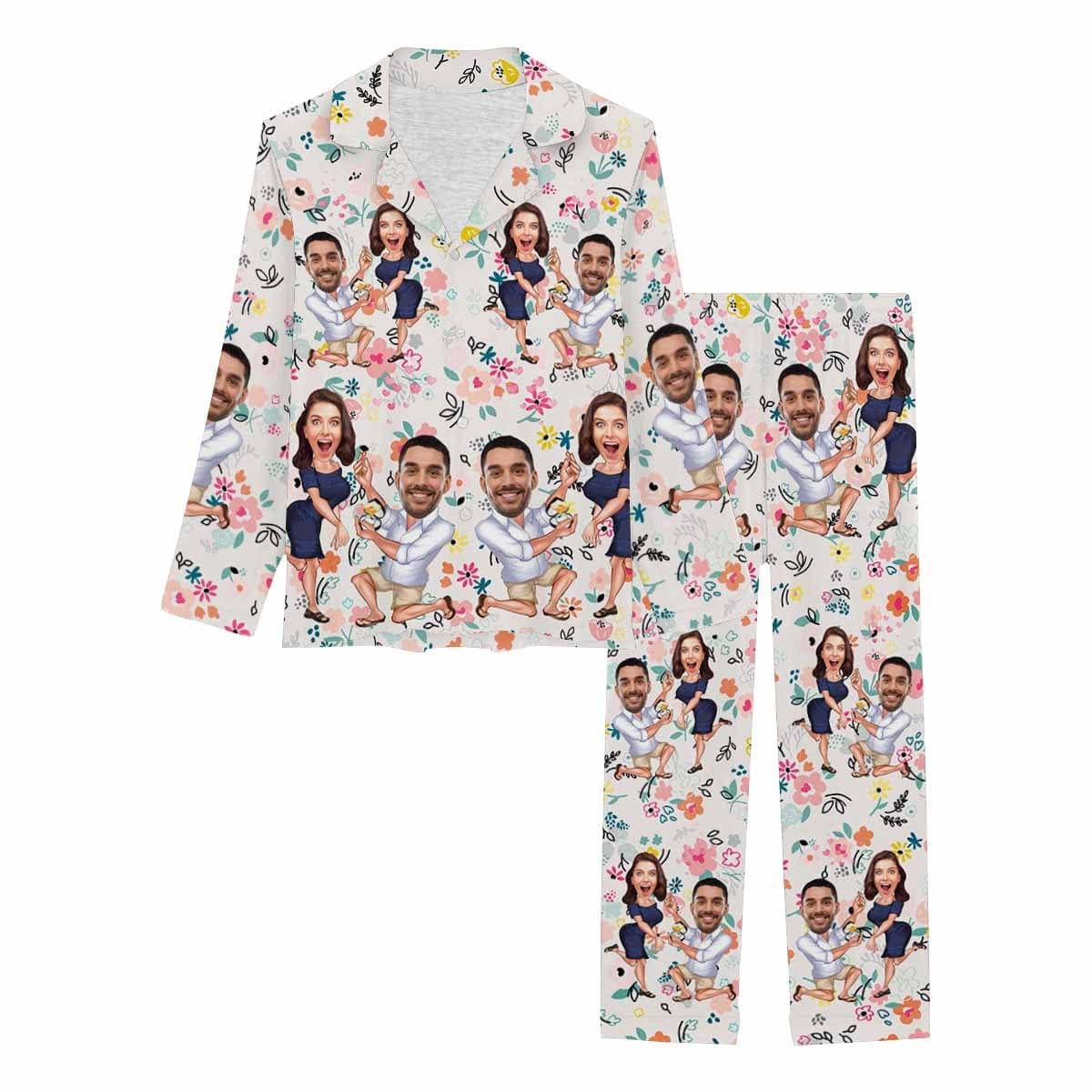 Custom Face Cartoon Pajamas Couples Flower Pattern Nightwear Personalized Women's Long Pajama Set