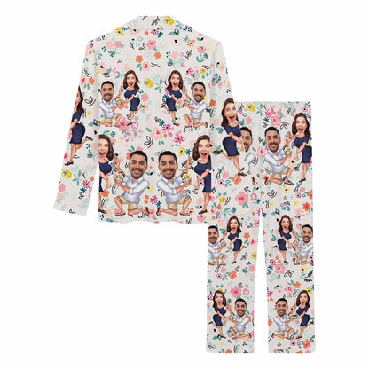 Custom Face Cartoon Pajamas Couples Flower Pattern Nightwear Personalized Women's Long Pajama Set