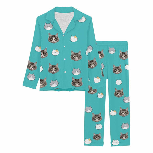 Custom Face Cartoon Pet Cat Sleepwear Personalized Women's Slumber Party Long Pajama Set