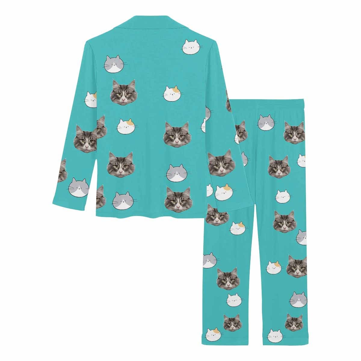 Custom Face Cartoon Pet Cat Sleepwear Personalized Women's Slumber Party Long Pajama Set