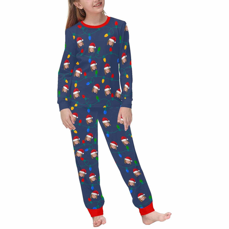 Custom Face Christmas Hat LED Lights Sleepwear Personalized Family Slumber Party Matching Long Sleeve Pajamas Set