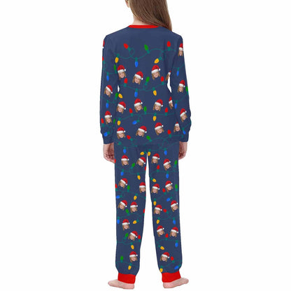 Custom Face Christmas Hat LED Lights Sleepwear Personalized Family Slumber Party Matching Long Sleeve Pajamas Set