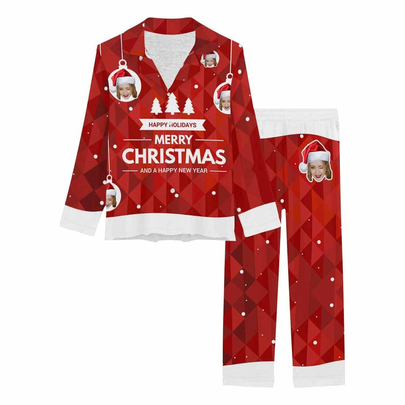 Custom Face Christmas Red Background Nightwear Personalized Women's Slumber Party Long Pajama Set