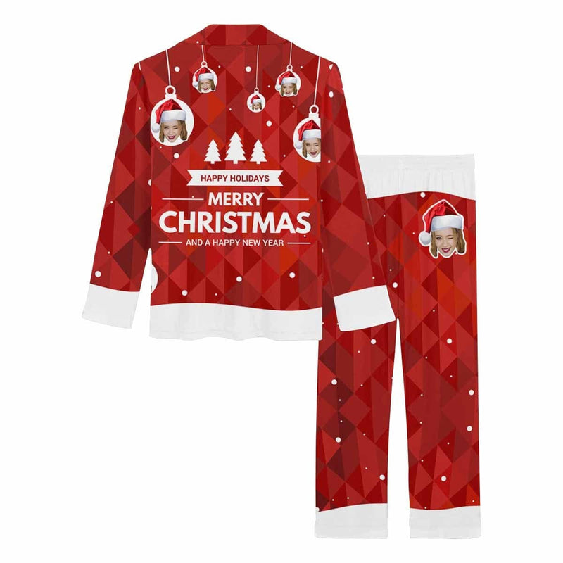 Custom Face Christmas Red Background Nightwear Personalized Women's Slumber Party Long Pajama Set