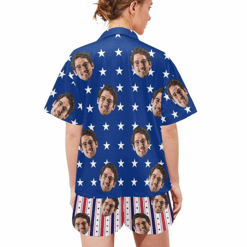 Custom Face Couple Matching Pajamas USA Flag Personalized Couple Matching V-Neck Short Pajama Set