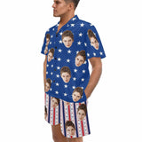 Custom Face Couple Matching Pajamas USA Flag Personalized Couple Matching V-Neck Short Pajama Set