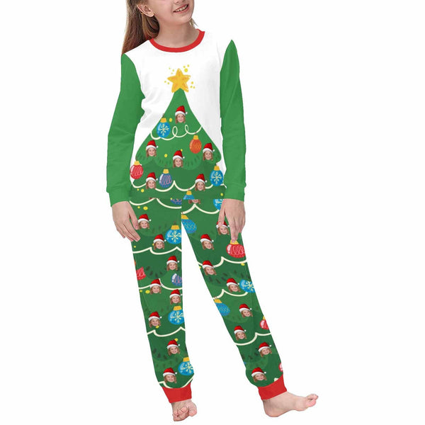 Custom Face Green Christmas Tree Sleepwear Personalized Family Matching Long Sleeve Pajamas Set