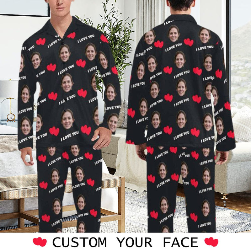 Custom Face I Love You Black Background Sleepwear Personalized Women's Long Pajama Set