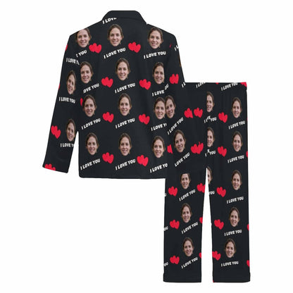 Custom Face I Love You Black Background Sleepwear Personalized Women's Long Pajama Set