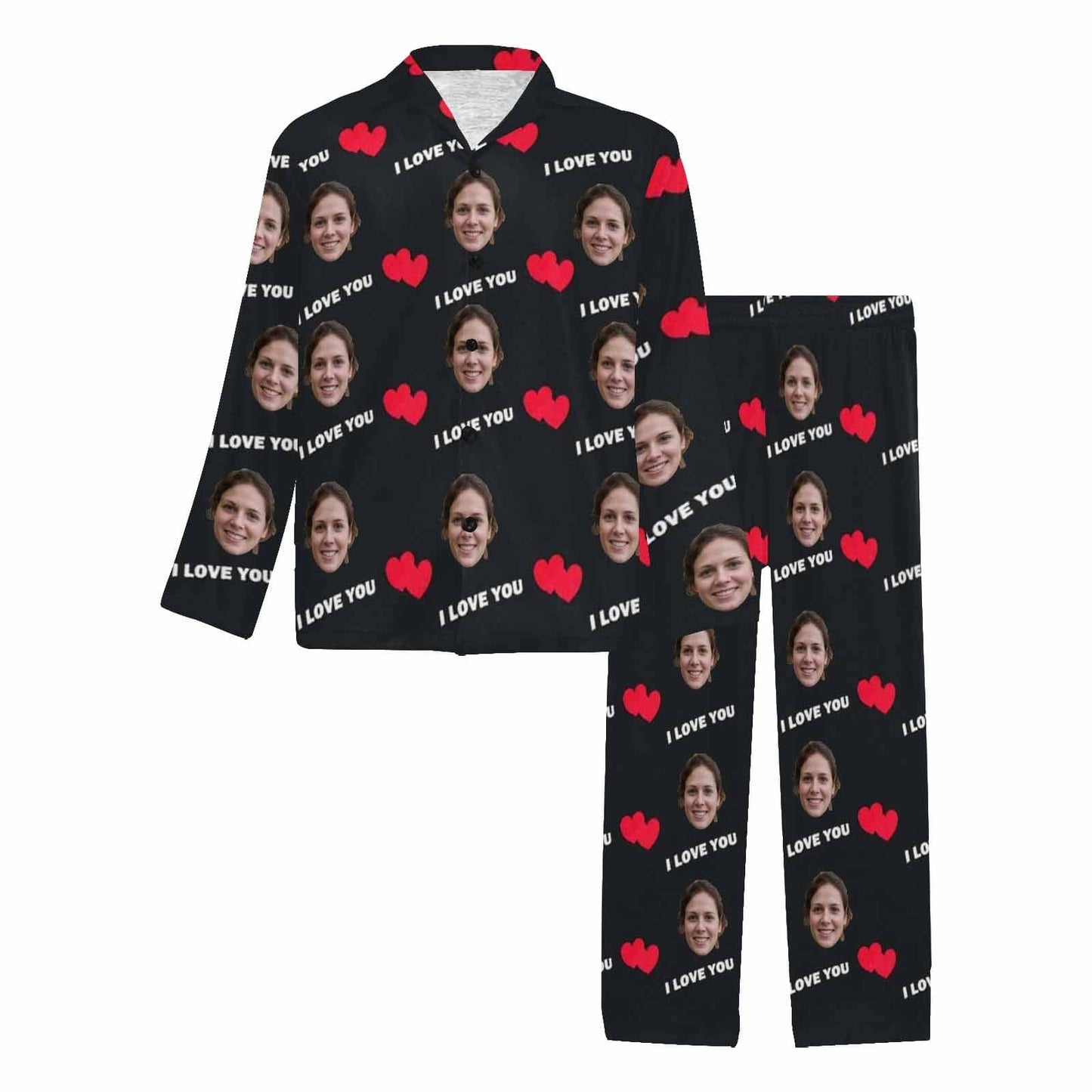 Custom Face I Love You Black Background Sleepwear Personalized Women's Long Pajama Set