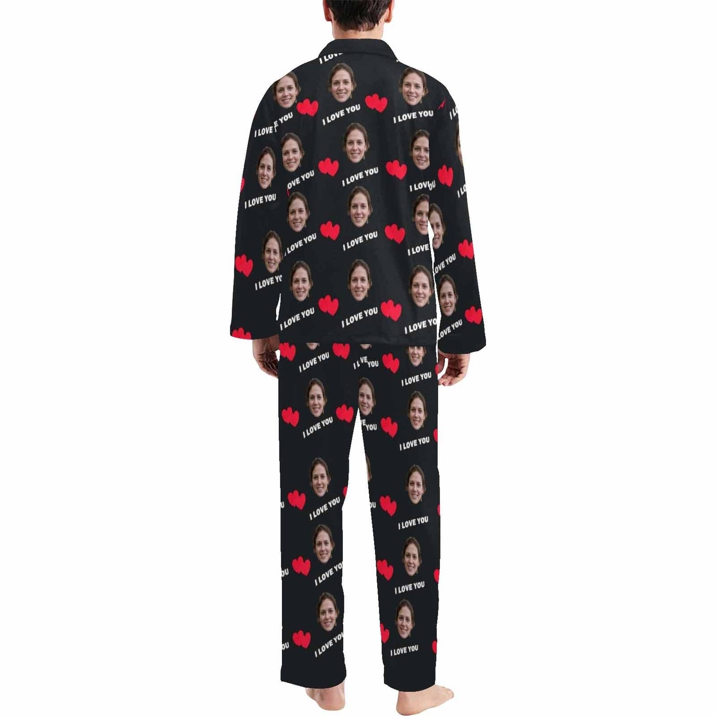 Custom Face I Love You Black Background Sleepwear Personalized Women's Long Pajama Set