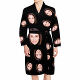 Custom Face Long Sleeve Belted Night Robe for Women Men Black Personalized Pajama Kimono Robe