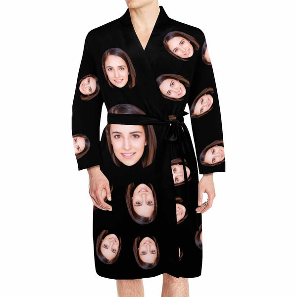 Custom Face Long Sleeve Belted Night Robe for Women Men Black Personalized Pajama Kimono Robe
