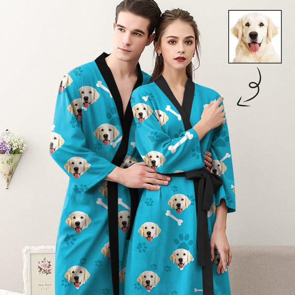Custom Face Belted Night Robe Blue Personalized Pajama Kimono Robe