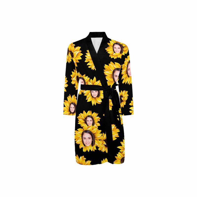 Custom Face Long Sleeve Belted Night Robe for Women Men Sunflower Personalized Pajama Kimono Robe