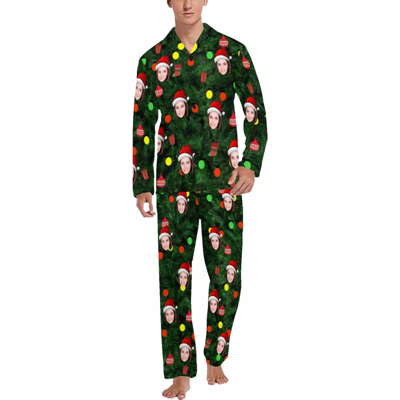 Personalized Couple Matching Long Pajama Set Custom Face Christmas Green Sleepwear Slumber Party