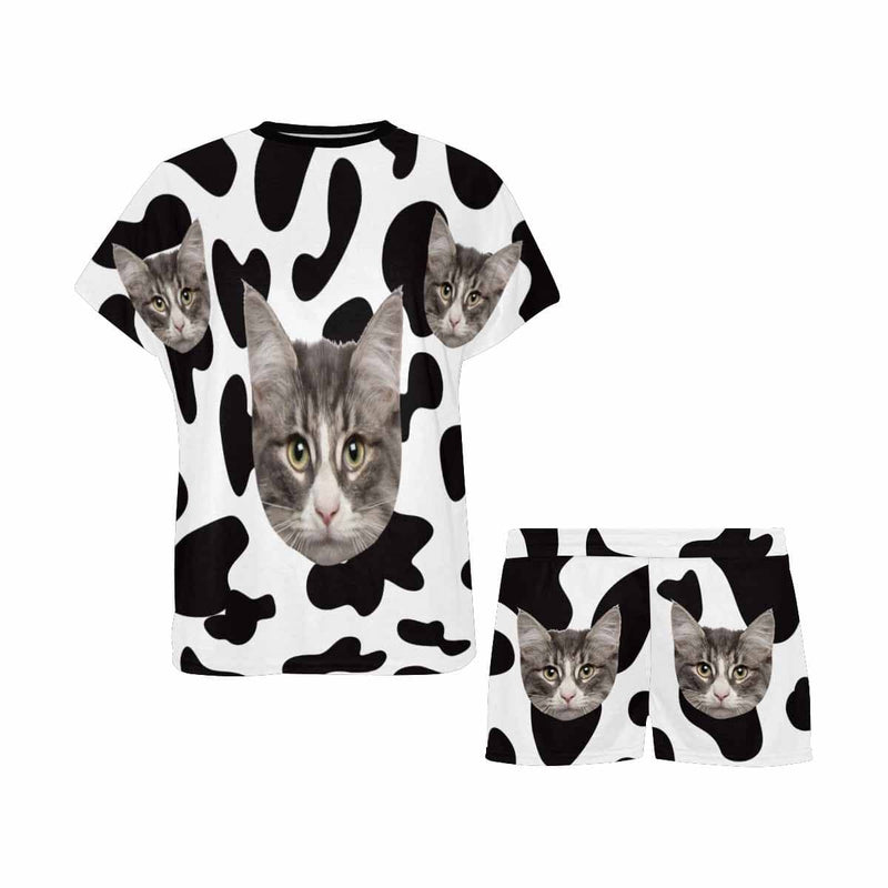 Custom Face Pajamas Cow Kitty Sleepwear Personalized Women's Short Pajama Set Pet Lover Gift