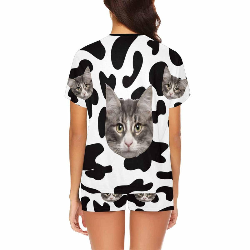 Custom Face Pajamas Cow Kitty Sleepwear Personalized Women's Short Pajama Set Pet Lover Gift