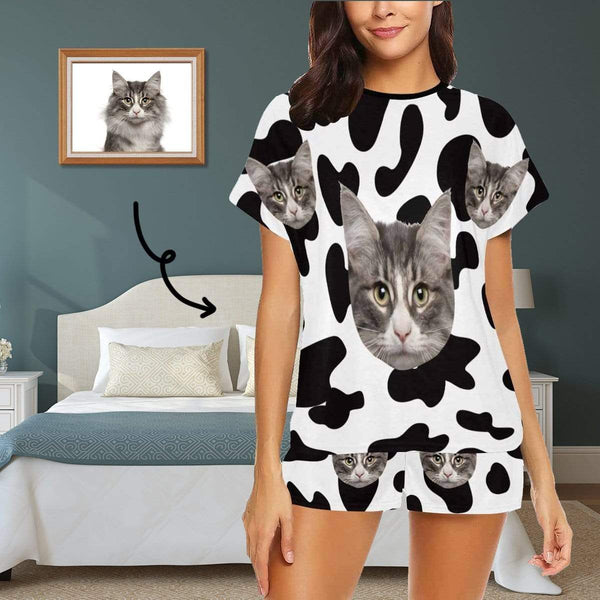 Custom Face Pajamas Cow Kitty Personalized Women's Short Pajama Set