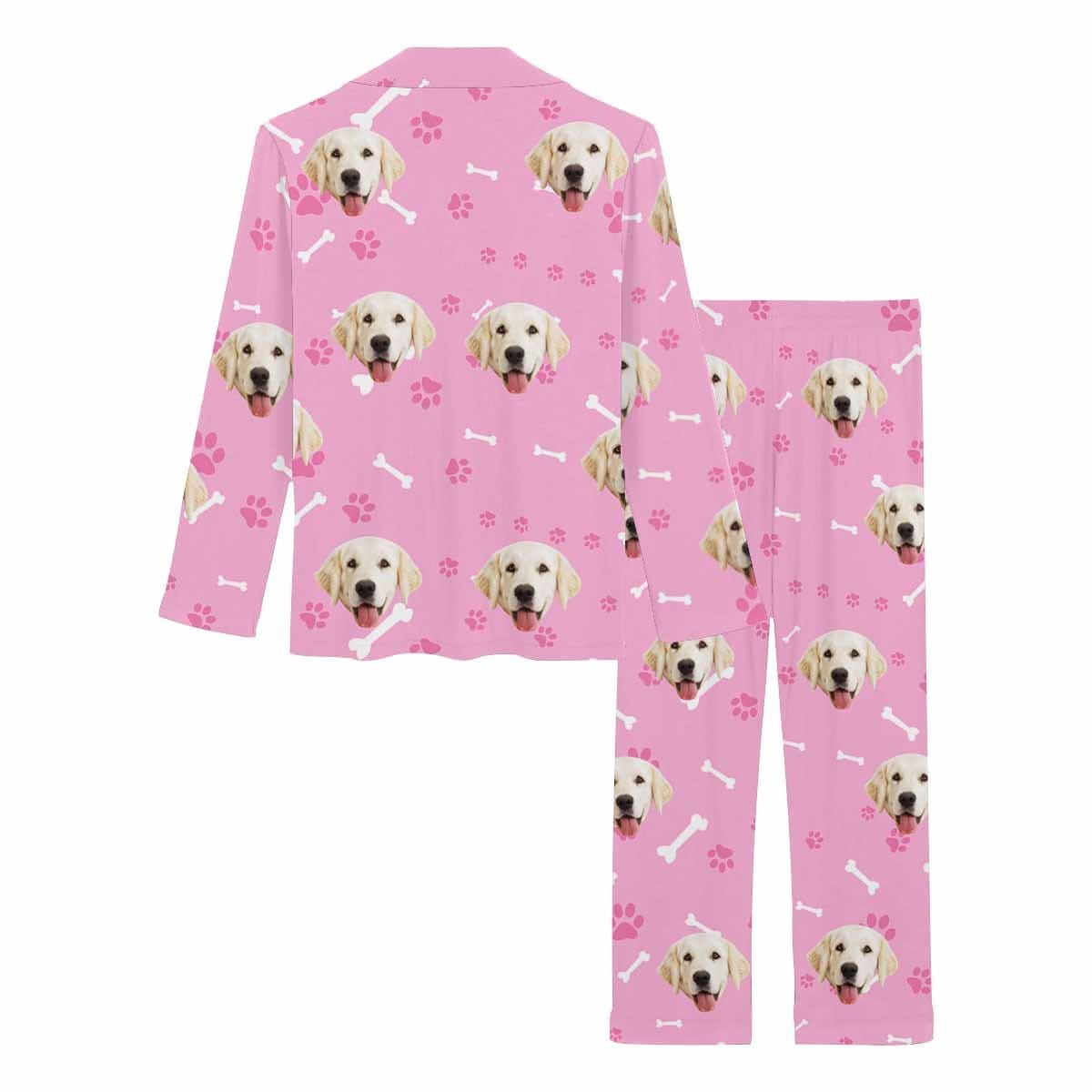 Custom Face Pajamas My Pet Dog Paw and Bone Sleepwear Personalized Women's Long Pajama Set