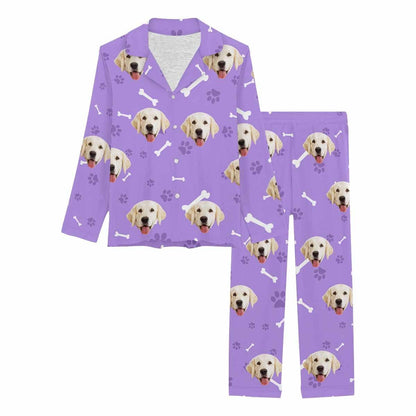 Custom Face Pajamas My Pet Dog Paw and Bone Sleepwear Personalized Women's Long Pajama Set