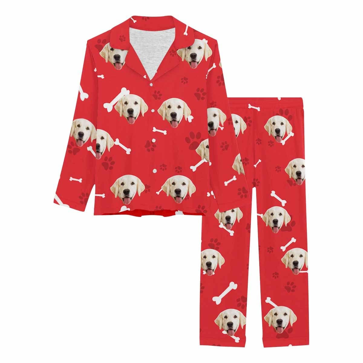 Custom Face Pajamas My Pet Dog Paw and Bone Sleepwear Personalized Women's Long Pajama Set