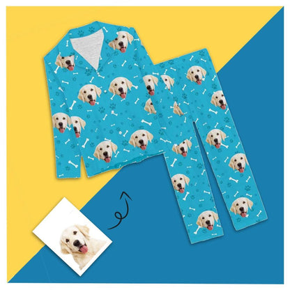 Custom Face Pajamas My Pet Dog Paw and Bone Sleepwear Personalized Women's Long Pajama Set