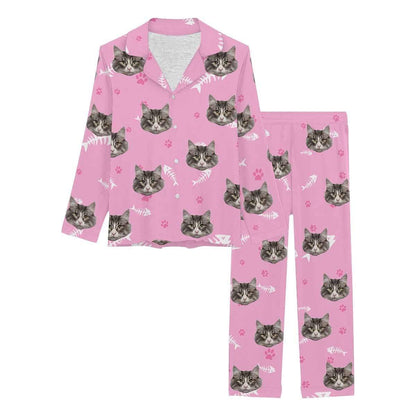 Custom Face Pajamas My Pet Dog Paw and Bone Sleepwear Personalized Women's Long Pajama Set