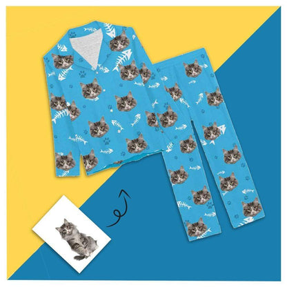 Custom Face Pajamas My Pet Dog Paw and Bone Sleepwear Personalized Women's Long Pajama Set