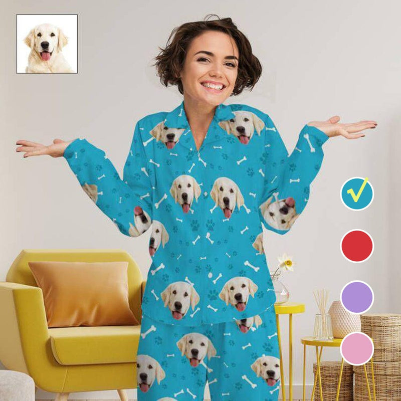 Custom Face My Pet Dog Paw and Bone Women's Long Pajama Set With photo