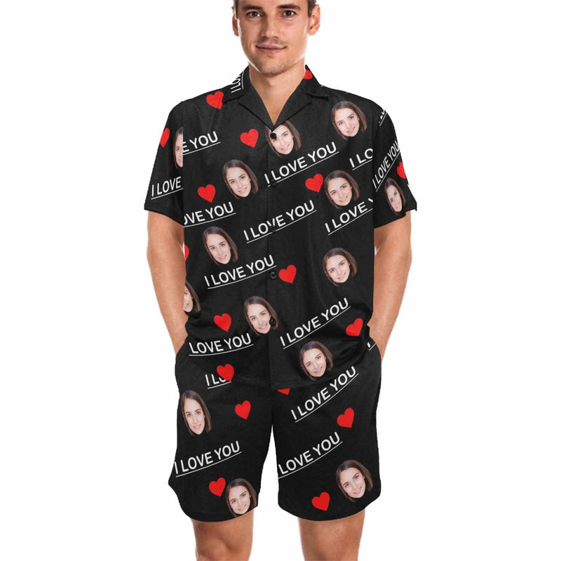 Custom Face Pajamas Personalized I Love You Men's V-Neck Short Sleeve Pajama Set Valentines Day Gift