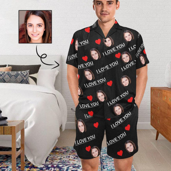 Custom Face Pajamas Personalized I Love You Men's V-Neck Short Sleeve Pajama Set Valentines Day Gift