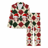 Custom Face Pajamas Red&Green Argyle Sleepwear Personalized Women's Slumber Party Long Pajama Set